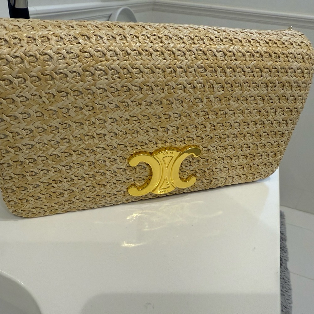 Celine Beige Woven Clutch with Gold Accent
